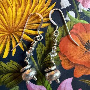 Handmade Earring Set Clear Crystal Witch Air & Sterling Silver Cauldron